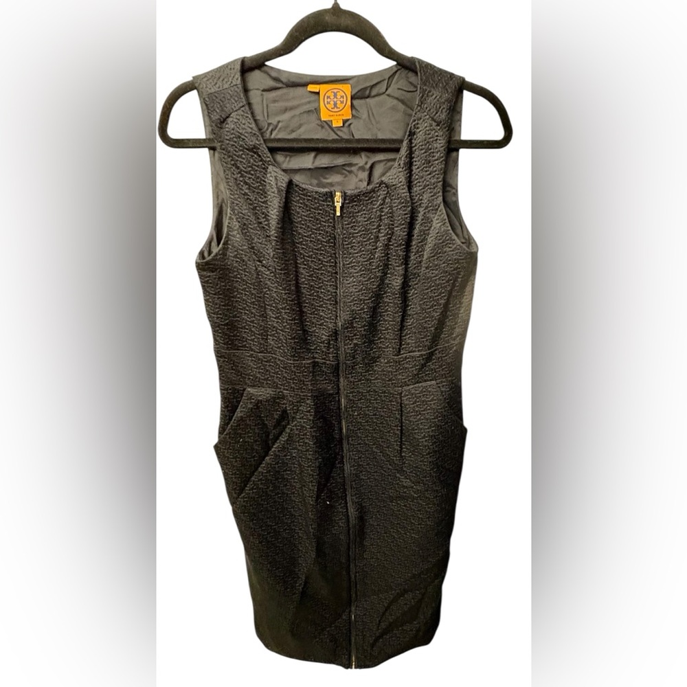 Tory Burch Jacquard Gold Zip Front Pleated Silk Cotton Dress. Black. Sz. 4